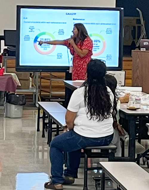 Lady in red talking to students in front of large presentation screen