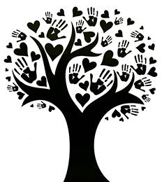 Drawing of a tree with hands and hearts as leaves